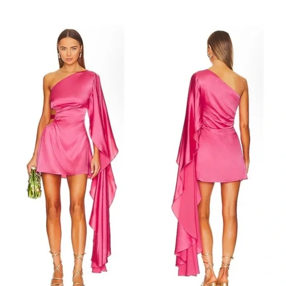 cult gaia One-Shoulder Hot Pink Satin Mini Dress with Draped Sleeve - Picture 1 of 5